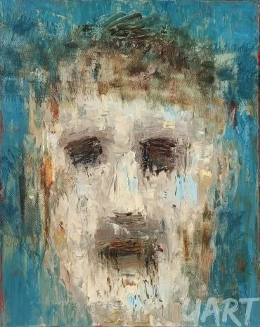 «Face of the World» from series «Distorted…», 2022, 50x40cm, oil, canvas, bandage