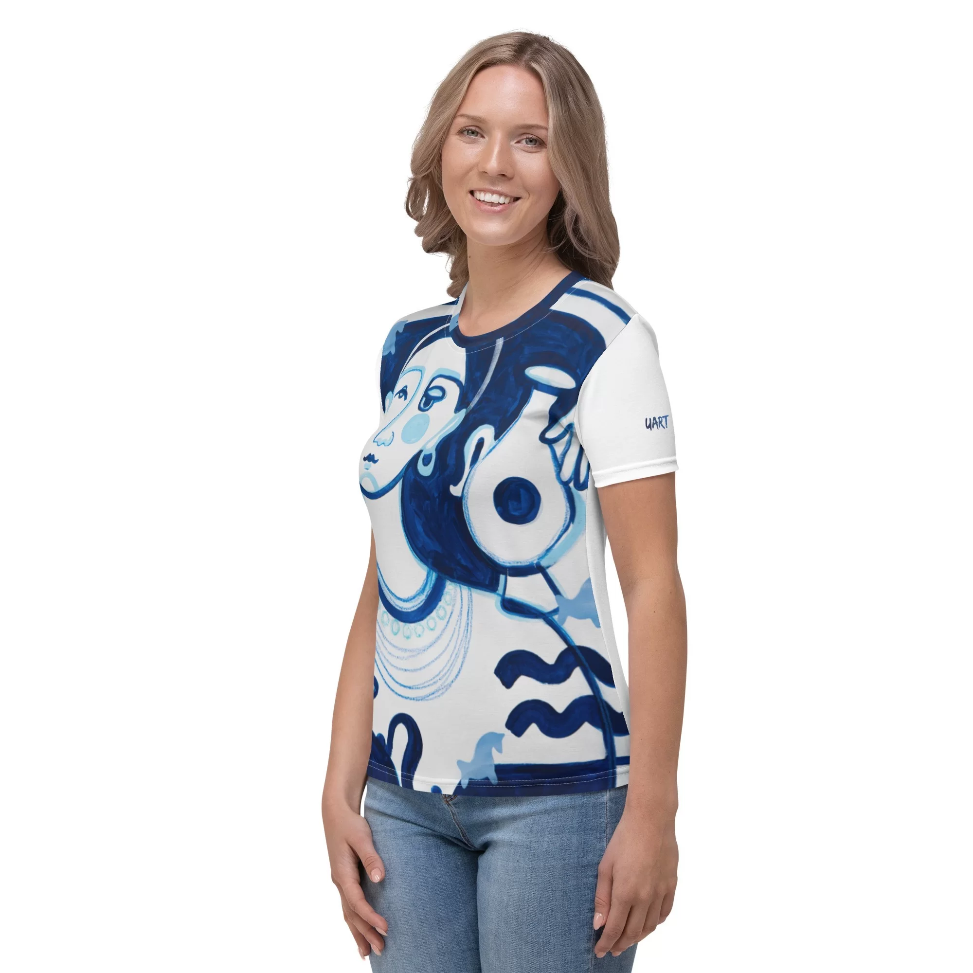 Women's T-shirt «Peasant Woman in Blue Tone» by Anastasiya Bonishko - Image 2